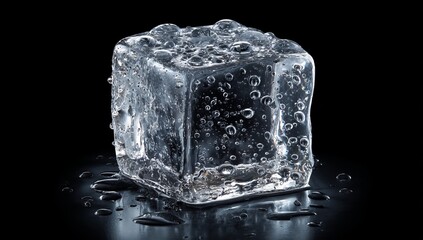 Obraz premium Clear Ice Cube with Bubbles and Water Droplets on Black