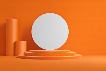 Geometric Orange Studio with White Circle and Cylinder Shapes Minimalist Composition for Product Showcase Display and Modern Abstract Presentation Backdrop