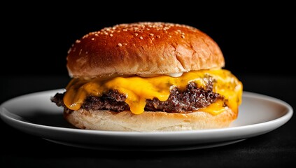 Juicy Cheeseburger on a White Plate hamburger melted cheese