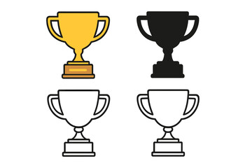 Trophy cup icon set, flat design, silhouette and linear style, vector cartoon illustration with transparent background, ordered collection of winner awards and achievement symbols