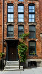 Naklejka premium Old brick building facade with dark windows