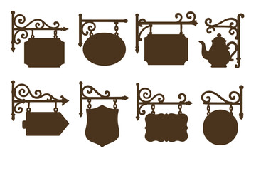Vintage signboard silhouettes set, ornamental wrought iron hanging signs, vector cartoon illustration with transparent background, classic decorative store signs collection