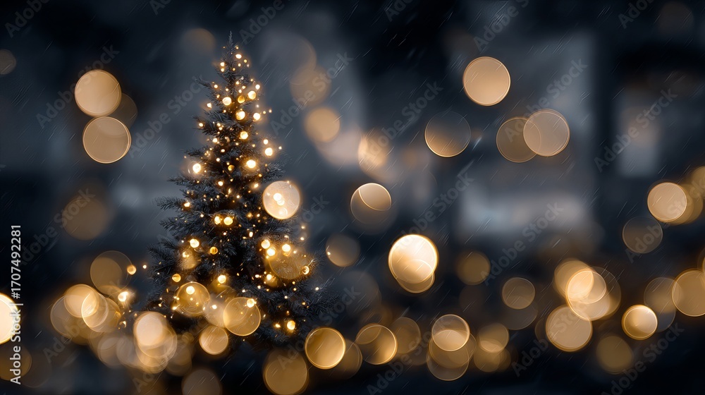 Poster dreamy festive bokeh christmas lights with large soft glowing orbs on a dark fully blurred backgroun