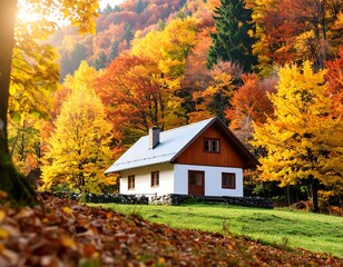 Autumn cabin nestled in colorful forest