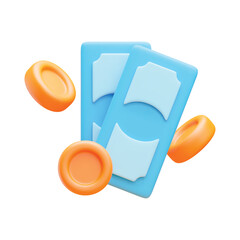 3D money icon. Paper banknote and gold floating coins. Vector symbol of cash payment bill. Financial sign, win lottery concept, investment, banking. Vector illustration isolated on white