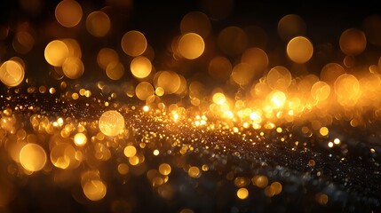 Dreamy golden bokeh lights on black background with large soft glowing orbs festive abstract blur ideal for holiday greeting cards banners web headers and elegant celebration designs with copy space