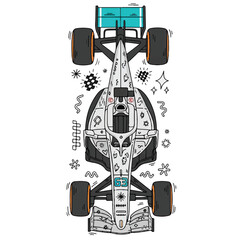 A stylized illustration of a Formula 1 race car, featuring a graphic design aesthetic with various doodles and patterns.