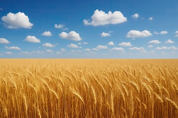 Ripe wheat field stretches towards horizon under picturesque summer sky, creating idyllic rural landscape representing agriculture, nature, and abundance