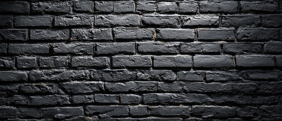 Glossy Black Brick Wall Surface Underneath Dim Lighting with Dark Background and Subtle Reflections for Moody Aesthetic with Textural Detail