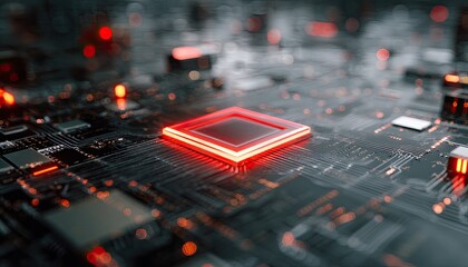 Glowing Central Processing Unit Chip on Dark Motherboard Red Illumination Technology Microprocessor System Integrated Circuit Close Up Electronic Component