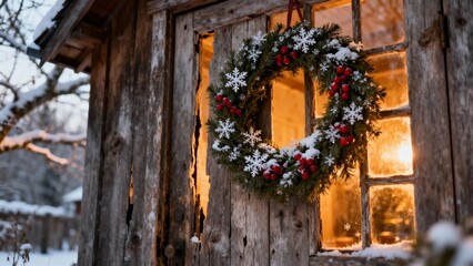 크리스마스리스가걸린시골집나무문