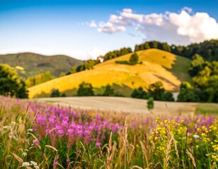Rolling hills, wildflowers, and a summer landscape