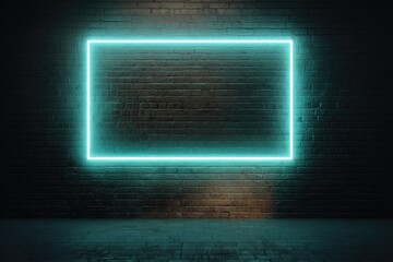 Glowing Cyan Rectangular Neon Frame Against a Dark Textured Brick Wall Background with Subtle Orange Lighting and Concrete Floor