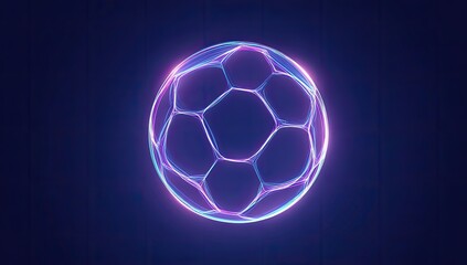 Glowing Purple and Blue Soccer Ball Wireframe on Dark Blue Background, Abstract Geometric Shape, Futuristic Style, Neon Light Effect, Graphic Design Element