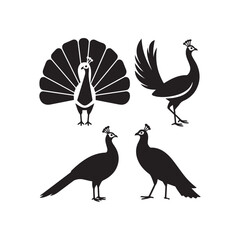A vector collection of peacock silhouettes in various popular poses and stances.