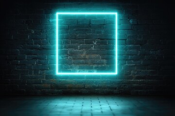 Glowing Teal Square Frame Illuminated Against Dark Textured Brick Wall and Pavement Ground