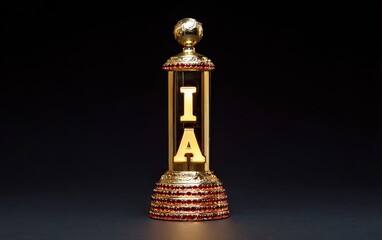 Gold Award Trophy with Illuminated Letters on Black Background