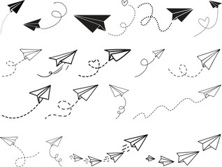 Vector set of hand drawn doodle paper airplane isolated on white background. Line icon symbol of travel and route. Vector icon.Paper plane with dotted line, Origami paper airplane, Travel symbol,