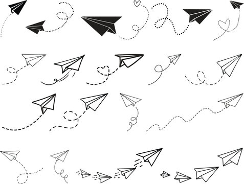 Vector set of hand drawn doodle paper airplane isolated on white background. Line icon symbol of travel and route. Vector icon.Paper plane with dotted line, Origami paper airplane, Travel symbol,