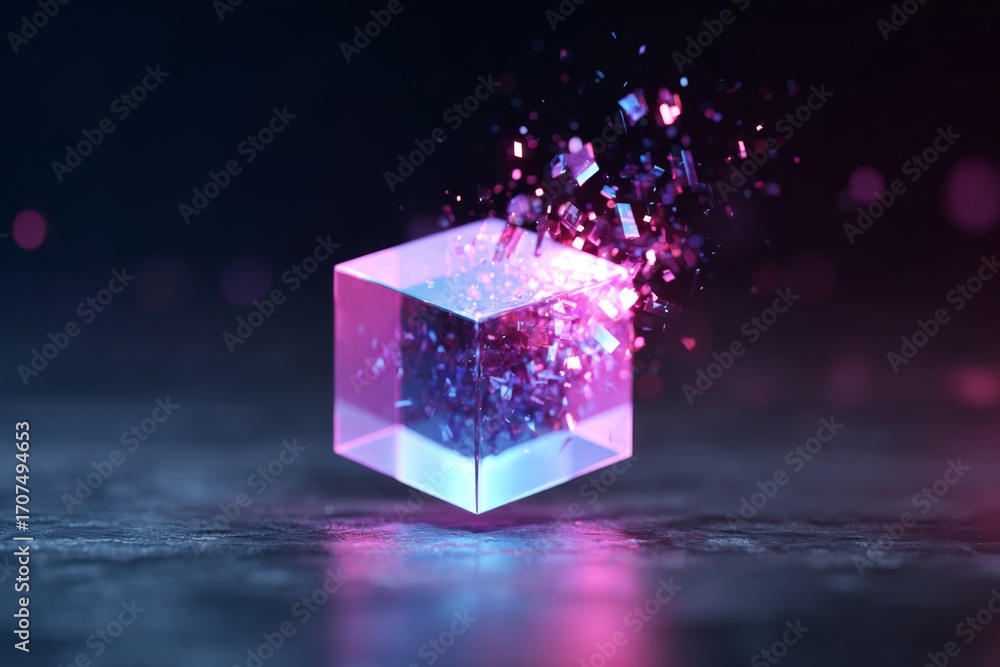 Poster a cube is lit with pink and blue as small shards float around it.