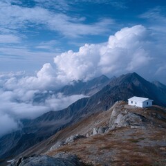 Naklejka premium Mountain scene with clouds and isolated house on peak.