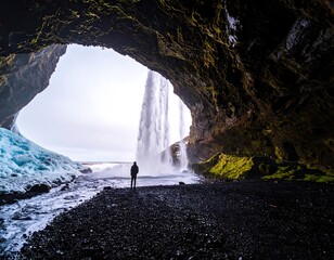 Waterfall cascading into a cave opening on a black sand beach