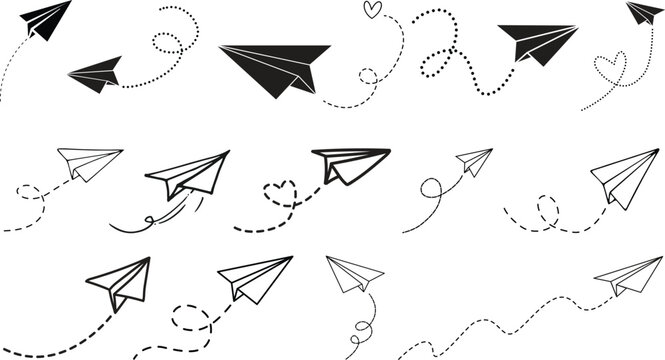 Vector set of hand drawn doodle paper airplane isolated on white background. Line icon symbol of travel and route. Vector icon.Paper plane with dotted line, Origami paper airplane, Travel symbol,