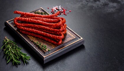Smoked sausages on a wooden board with herbs and spices