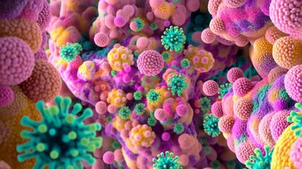 Colorful depiction of polio virus particles in a microscopic view showcasing their unique structures and characteristics, Polio virus