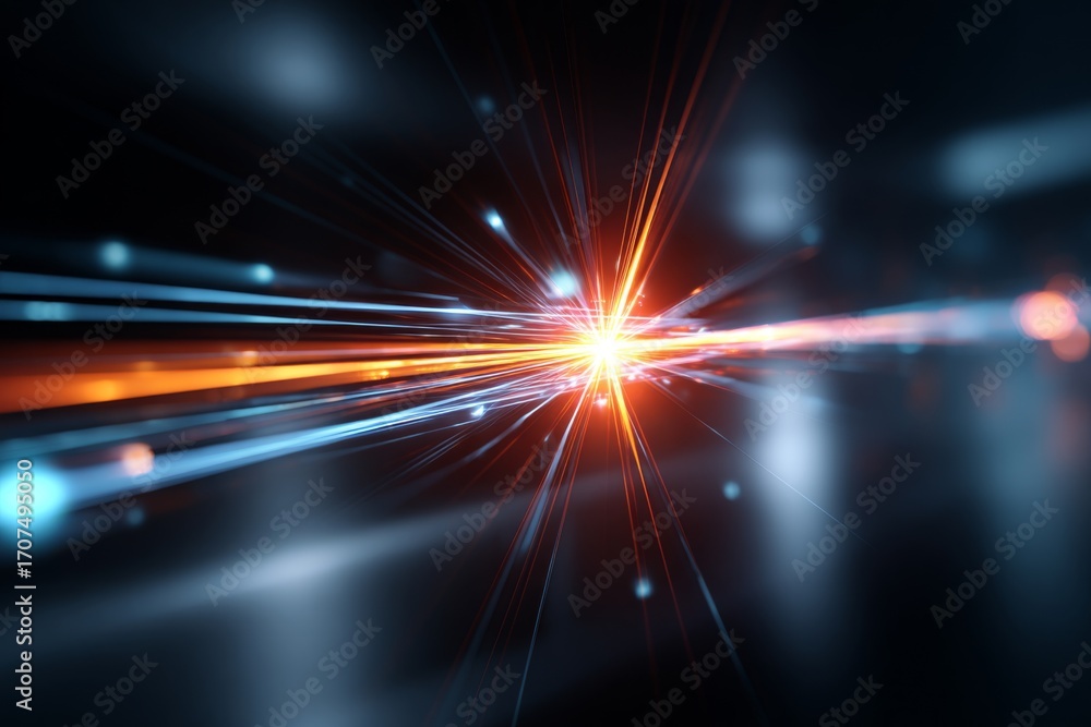 Poster bright light emanates from a point with lines spreading across the dark background.