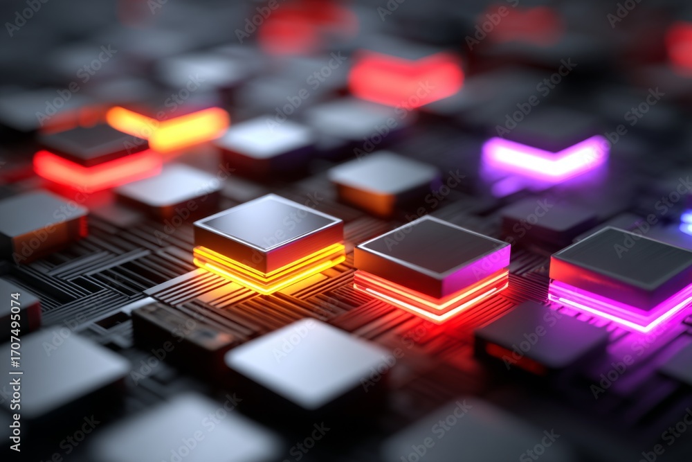 Poster several squares sit on a grid while radiating colored light.