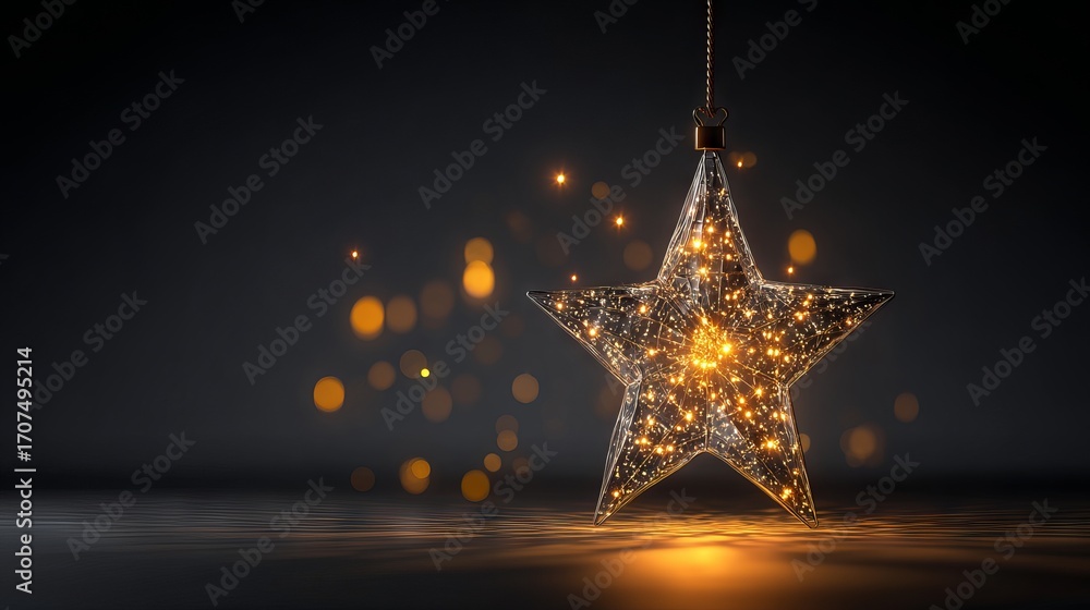 Poster golden hanging star light on dark background with warm bokeh glow festive holiday decoration string 