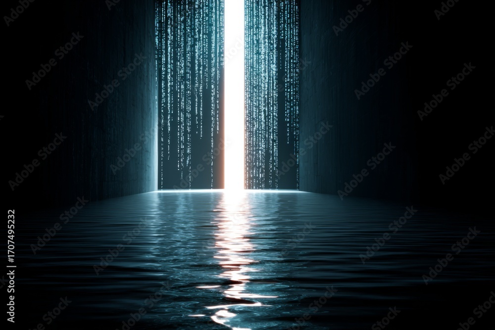 Poster light shines between walls with hanging script and water.