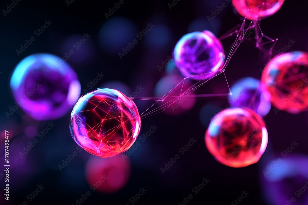 Poster abstract network shows transparent shapes connected by lines on a dark background.