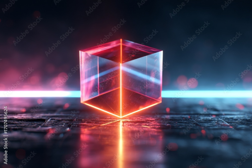 Poster a translucent cube sits on a dark surface.