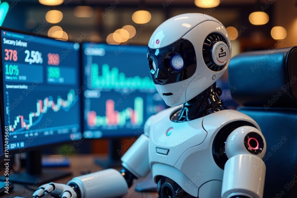 Poster humanoid robot trader triumphantly viewing statistical reports on three monitors