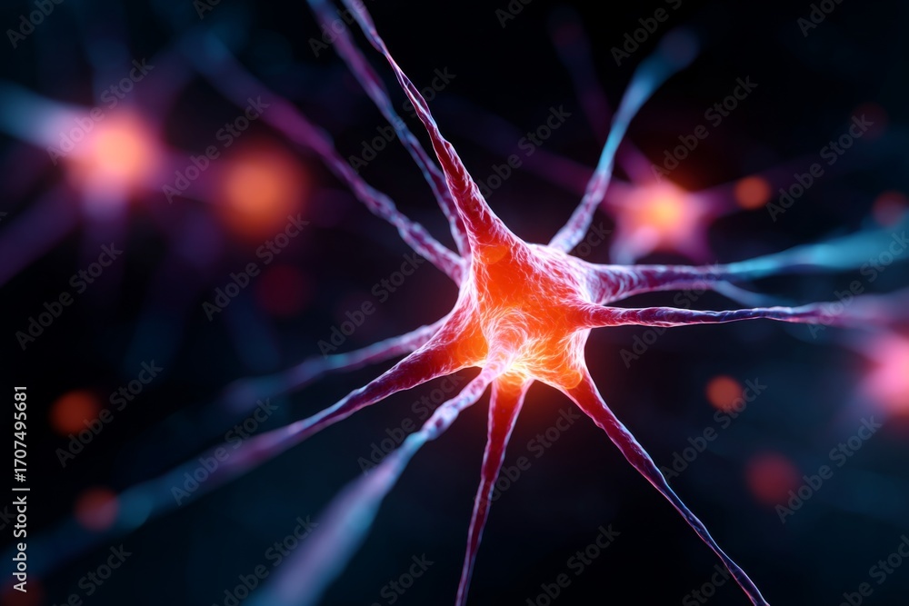 Poster The image shows a red neuron with glowing center.