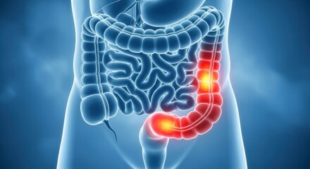 Illustration of human digestive system highlighting colon inflammation and pain