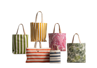 Five colorful tote bags, various patterns