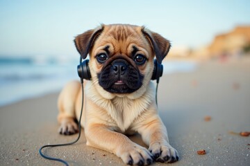 Obraz premium Adorable Pug Puppy Relaxing on the Beach with Earphones, Tuning into a Podcast