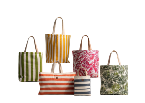 Five colorful tote bags, various patterns