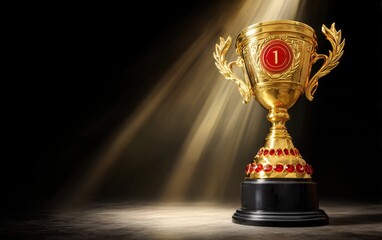 Golden First Place Trophy with Red Jewel Accents on Dark Background and Spotlight