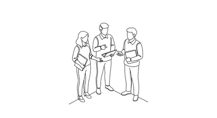 Minimalist line art of business professionals in a meeting, discussing ideas and collaborating. Perfect for concepts of teamwork, strategy, and corporate communication.