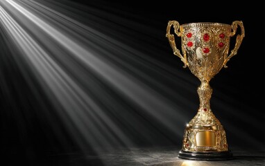 Golden Ornate Trophy with Ruby Accents in Dramatic Spotlight Against Black Backdrop Glittering Surface Achievement and Success Symbol