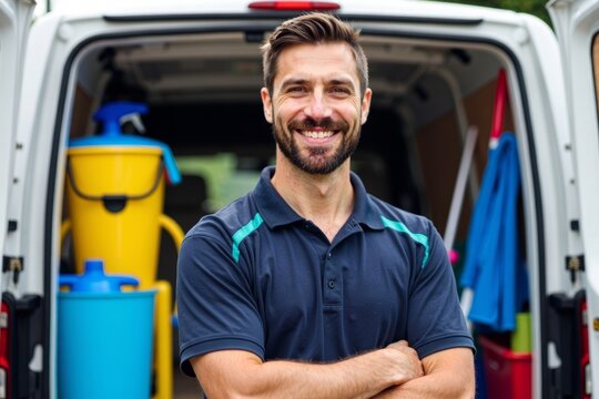 Prideful male cleaner poses confidently in front of his van loaded with cleaning gear.