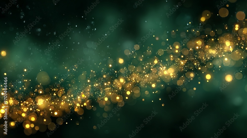 Poster dreamy gold bokeh on emerald abstract blur banner with large soft glowing light orbs fully defocused
