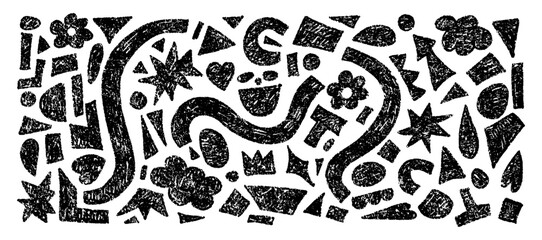 Abstract geometric shapes and figures set drawn black crayon. Kids pencil drawings. Template freehand cute scribbles. Vector hand drawn frame background of design graphic