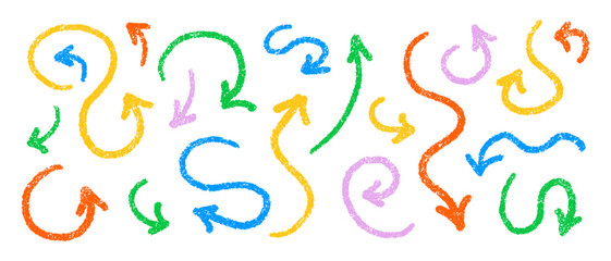 Various charcoal arrows set. Hand drawn brush sketch line, crayon pastel pencil chalk. Vector doodle colorful symbols. Scratched curved strokes and waves
