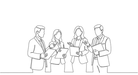 Continuous line drawing of four business professionals collaborating, discussing documents, symbolizing teamwork and corporate communication.