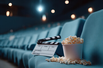 Popcorn bucket and clapperboard resting on empty cinema seats